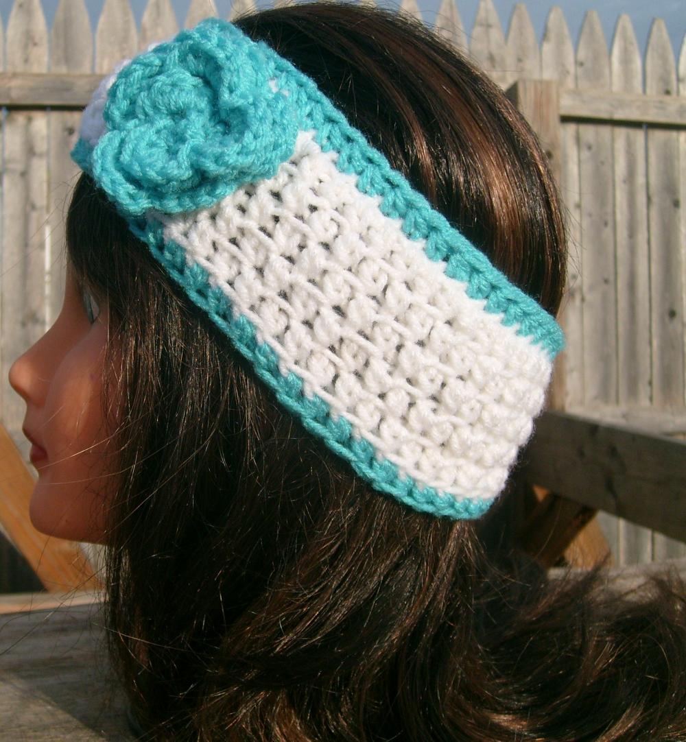 Headband, Turquoise, White, Flower, Crochet,